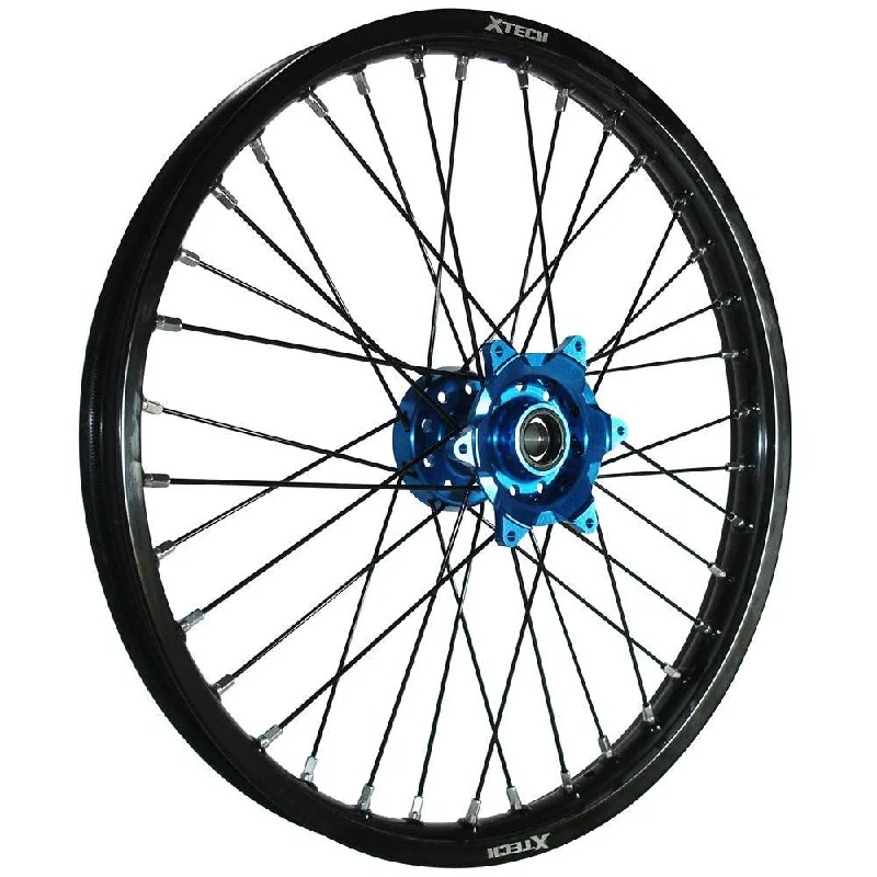 mountain bike pedals for extra grip-X-TECH FRONT WHEEL BLACK RIM/BLUE HUB/BLACK SPOKES 21X1.60